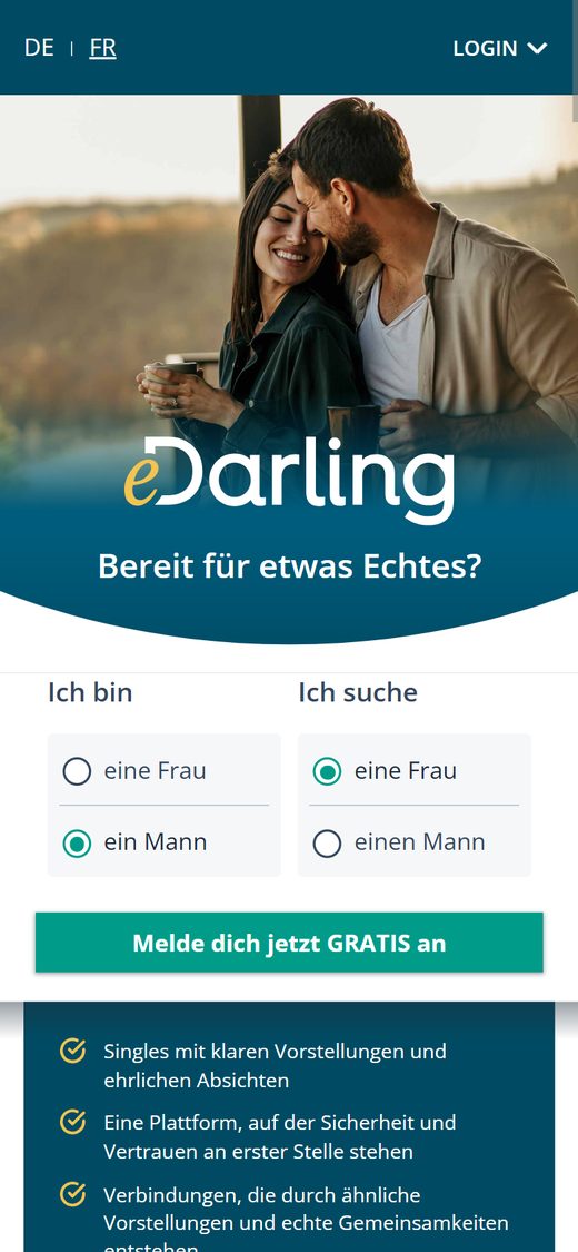 eDarling Startseite auf dem Smartphone