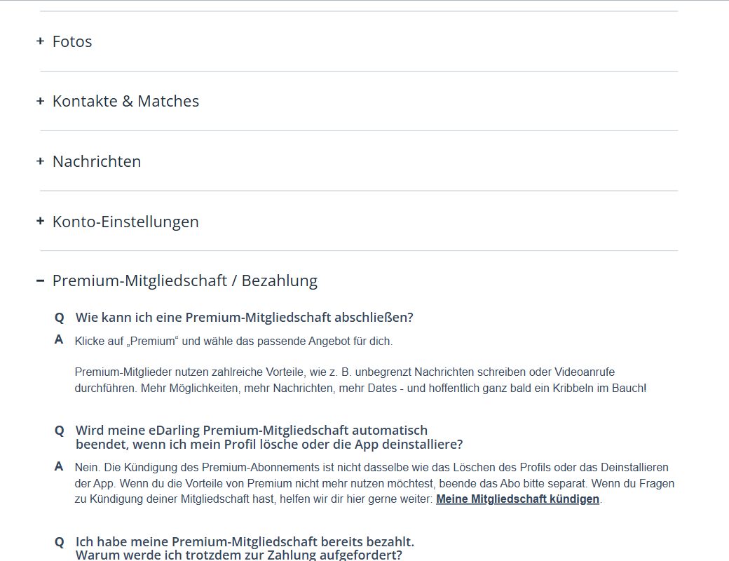 FAQ von eDarling, Rubrik Premium-Mitgliedschaft und Bezahlung