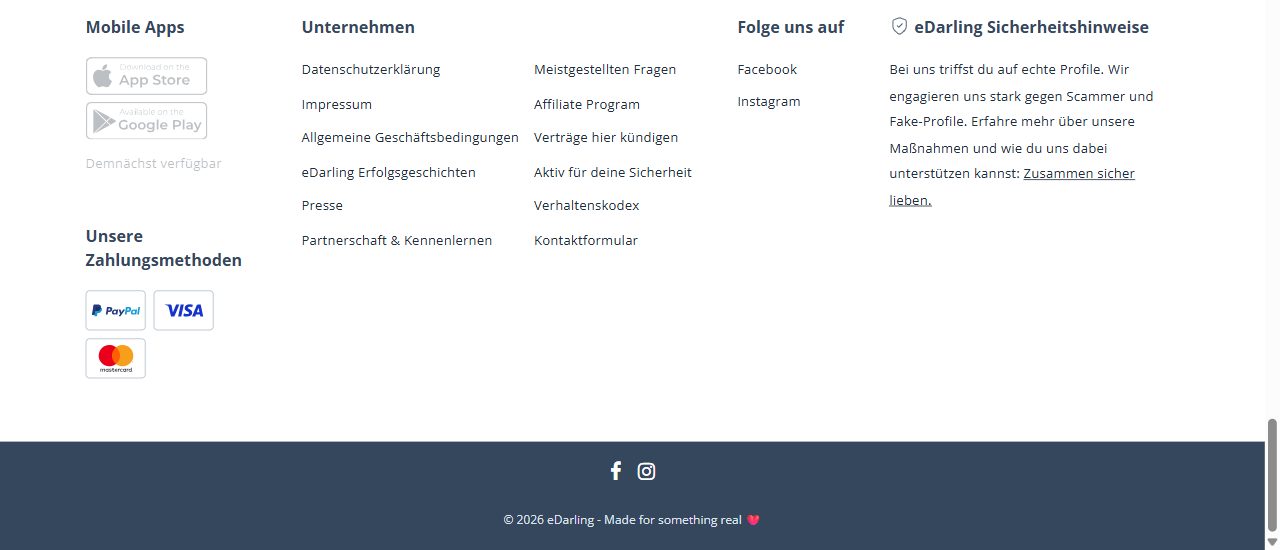 Fusszeile von edarling.ch mit Mobile Apps Demnächst verfügbar und Zahlungsmitteln