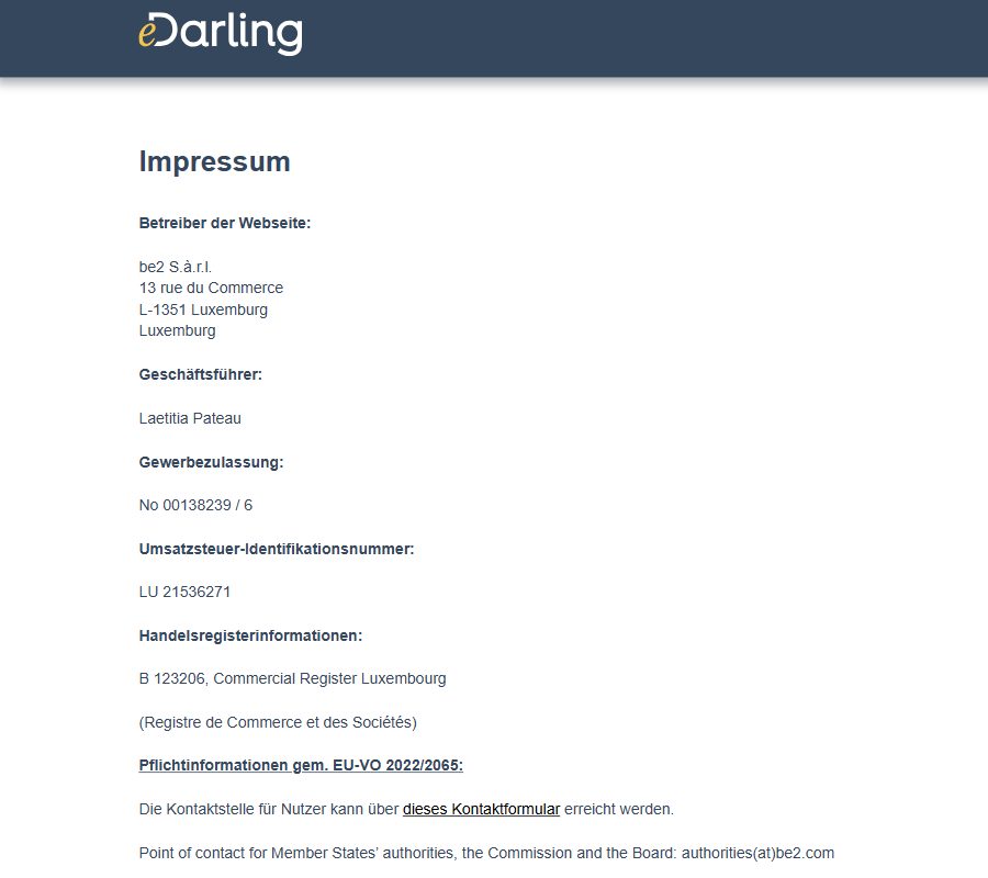 Impressum von eDarling Schweiz mit be2 S.à.r.l. in Luxemburg
