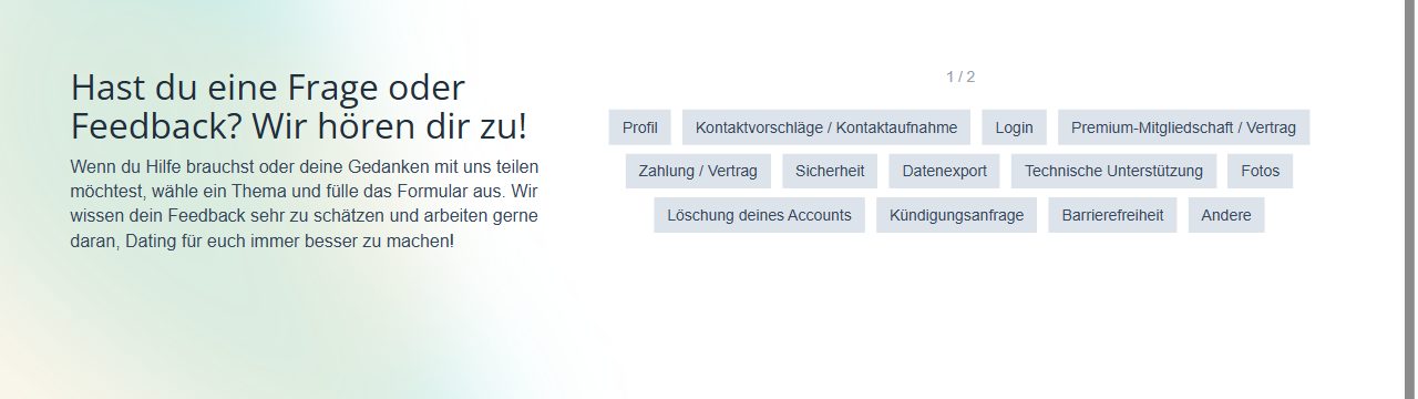Kontaktformular von eDarling mit Themen wie Profil, Fotos oder Löschung des Accounts