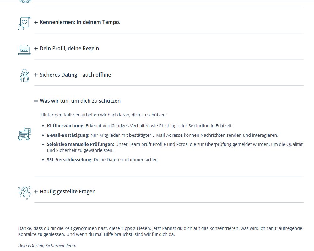 Sicherheitsseite von eDarling mit KI-Überwachung, E-Mail-Bestätigung, manuellen Prüfungen und SSL
